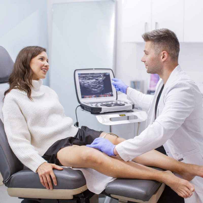 VTC_DrBulat_Lifestyle_(20)_3372x2160_optimized Dr. Jack Bulat is performing a medical consultation with a patient in a clinic, using an ultrasound machine to examine her leg. Both are engaged in a conversation while Dr. Bulat points to the ultrasound display.